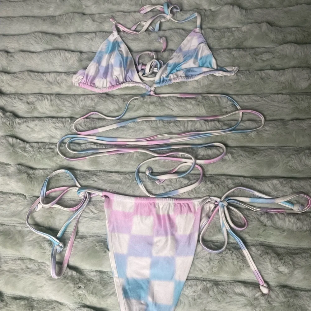 Frankie’s Bikinis x ALO Checkered Bikini Set Tatum Top sz L & Tia Bottom sz XL